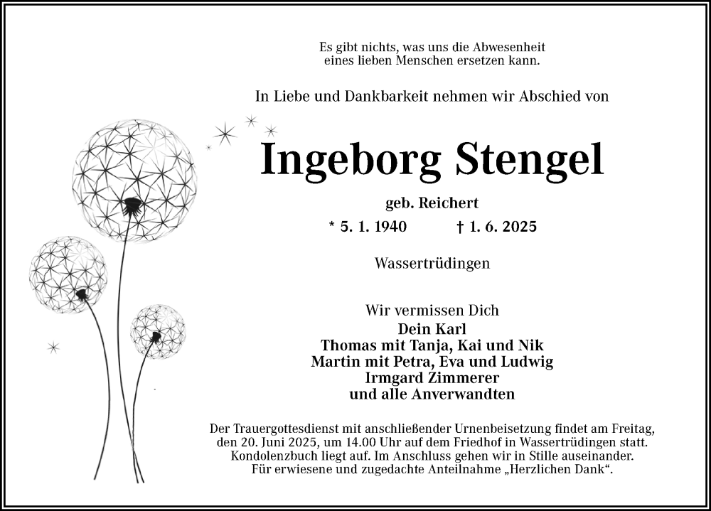  Traueranzeige für Ingeborg Stengel vom 18.06.2025 aus Dinkelsbühl/ Feuchtwangen