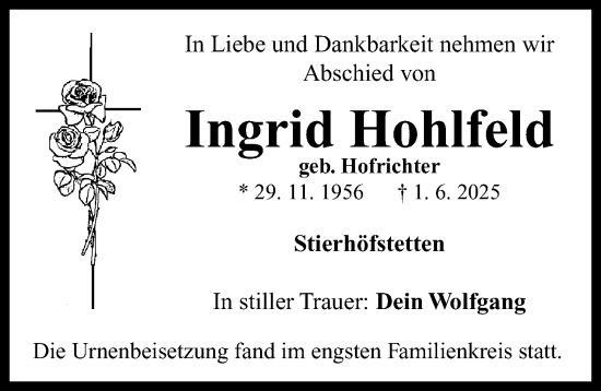 Traueranzeige von Ingrid Hohlfeld von Neustadt/ Scheinfeld/ Uffenheim