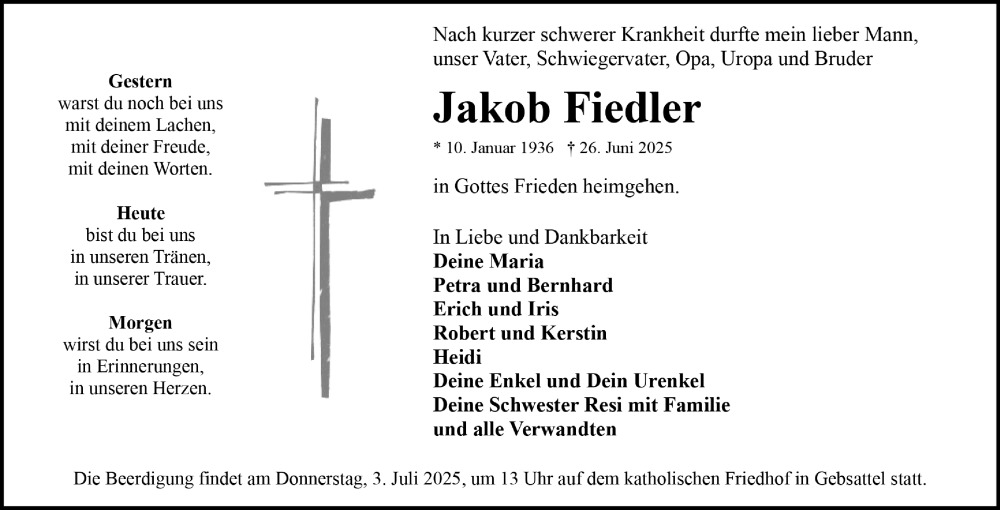  Traueranzeige für Jakob Fiedler vom 28.06.2025 aus Rothenburg