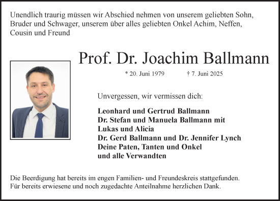Traueranzeige von Joachim Ballmann von Rothenburg