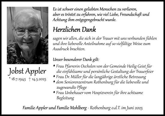 Traueranzeige von Jobst Appler von Rothenburg