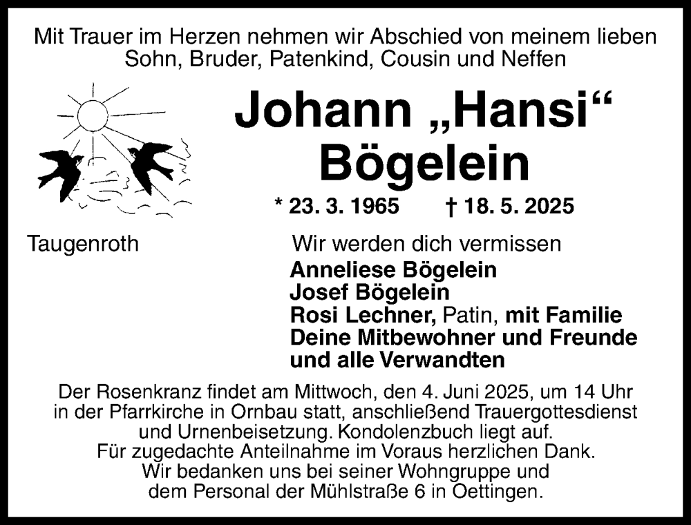  Traueranzeige für Johann Bögelein vom 02.06.2025 aus Ansbach