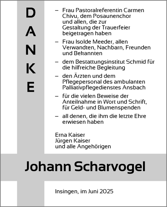 Traueranzeige von Johann Scharvogel von Ansbach