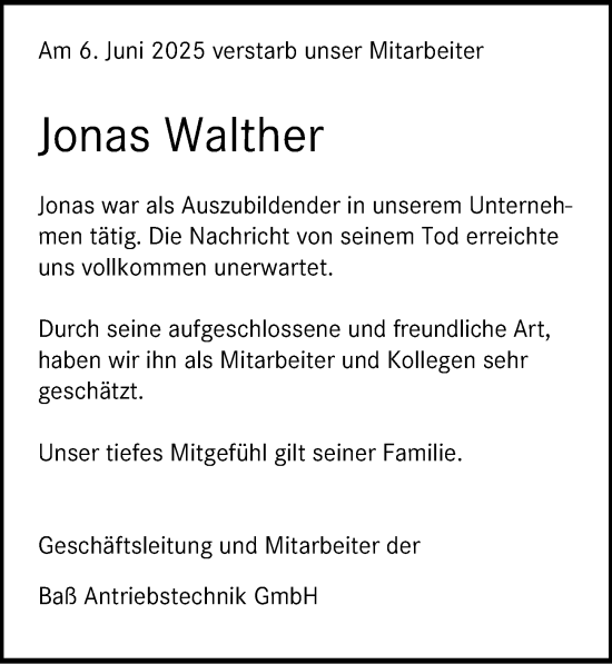Traueranzeige von Jonas Walther von Rothenburg