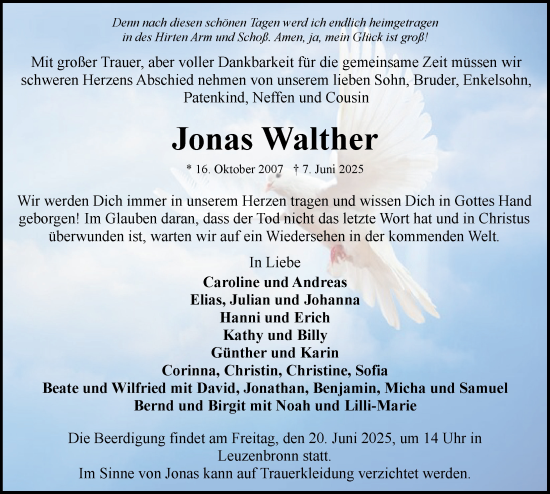 Traueranzeige von Jonas Walther von Rothenburg