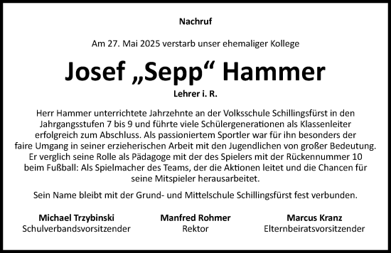 Traueranzeige von Josef Hammer von Rothenburg