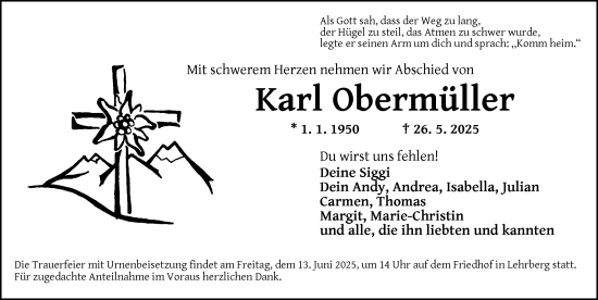 Traueranzeige von Karl Obermüller von Ansbach
