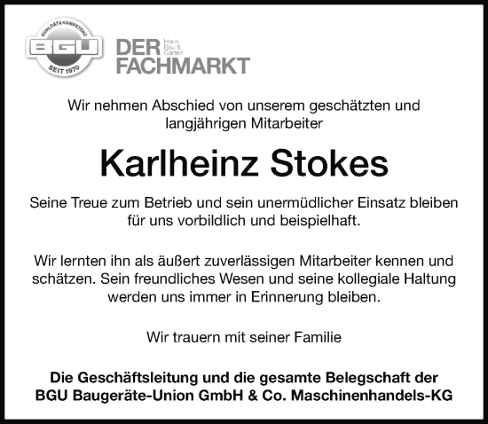 Traueranzeige von Karlheinz Stokes von Ansbach