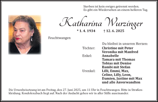 Traueranzeige von Katharina Wurzinger von Dinkelsbühl/ Feuchtwangen