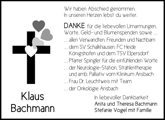 Traueranzeige von Klaus Bachmann von Ansbach