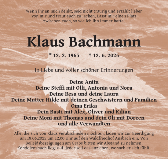 Traueranzeige von Klaus Bachmann von Ansbach