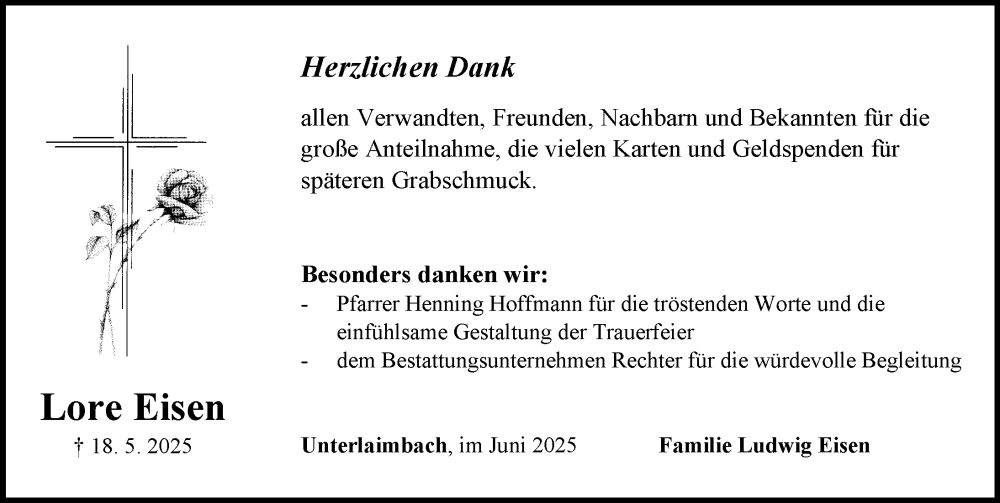  Traueranzeige für Lore Eisen vom 07.06.2025 aus Neustadt/ Scheinfeld/ Uffenheim
