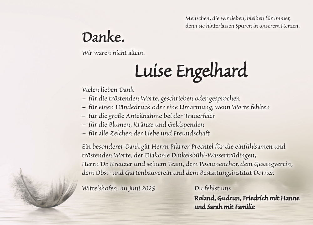  Traueranzeige für Luise Engelhard vom 18.06.2025 aus Dinkelsbühl/ Feuchtwangen