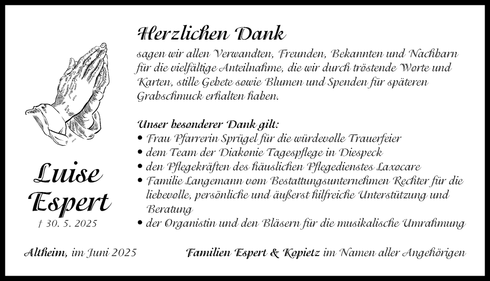  Traueranzeige für Luise Espert vom 21.06.2025 aus Neustadt/ Scheinfeld/ Uffenheim