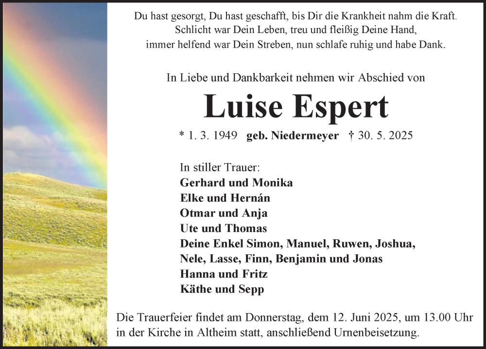  Traueranzeige für Luise Espert vom 07.06.2025 aus Neustadt/ Scheinfeld/ Uffenheim