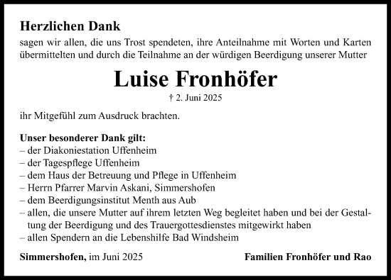 Traueranzeige von Luise Fronhöfer von Neustadt/ Scheinfeld/ Uffenheim