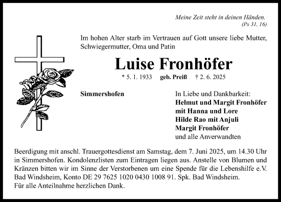 Traueranzeige von Luise Fronhöfer von Neustadt/ Scheinfeld/ Uffenheim
