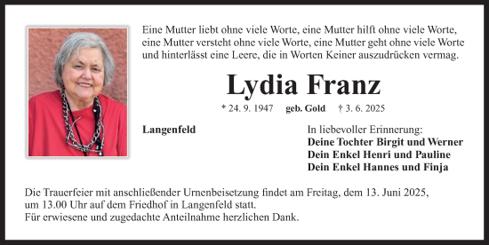 Traueranzeige von Lydia Franz von Neustadt/ Scheinfeld/ Uffenheim