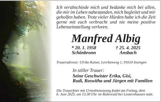 Traueranzeige von Manfred Albig von Rothenburg