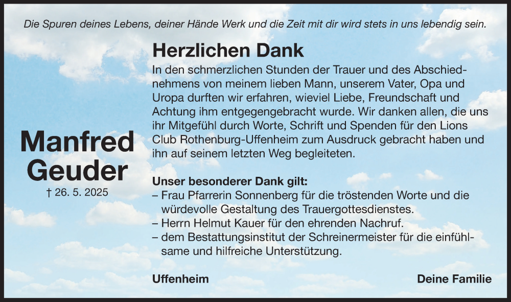  Traueranzeige für Manfred Geuder vom 14.06.2025 aus Neustadt/ Scheinfeld/ Uffenheim