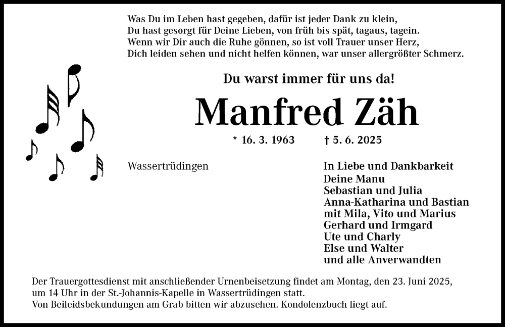  Traueranzeige für Manfred Zäh vom 21.06.2025 aus Dinkelsbühl/ Feuchtwangen
