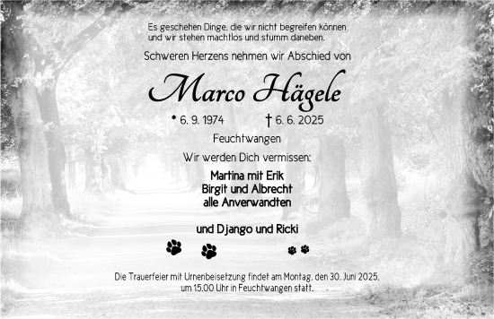 Traueranzeige von Marco Hägele von Dinkelsbühl/ Feuchtwangen