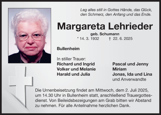 Traueranzeige von Margareta Lehrieder von Neustadt/ Scheinfeld/ Uffenheim