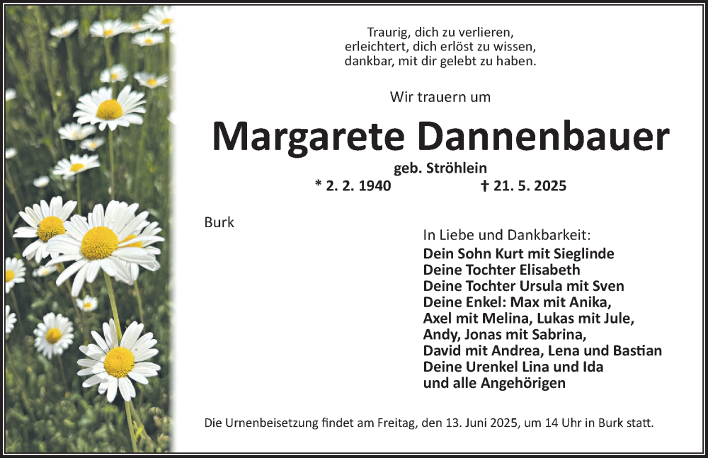  Traueranzeige für Margarete Dannenbauer vom 11.06.2025 aus Dinkelsbühl/ Feuchtwangen
