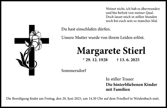 Traueranzeige von Margarete Stierl von Ansbach