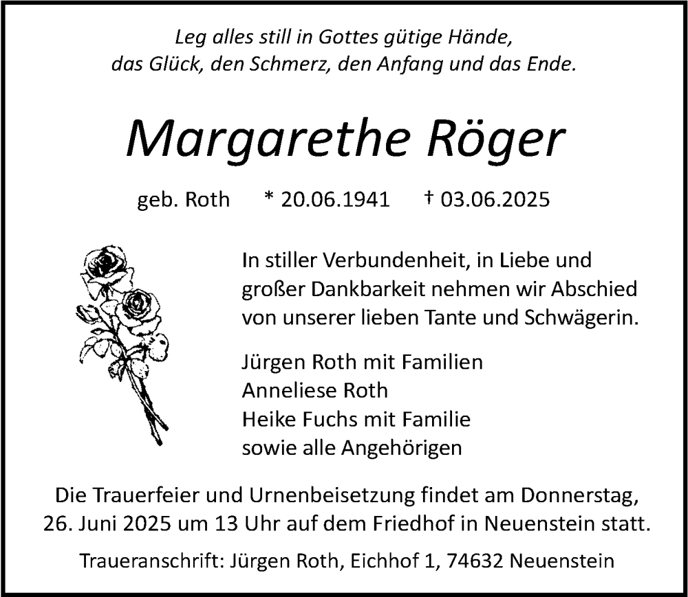  Traueranzeige für Margarethe Röger vom 14.06.2025 aus Neustadt/ Scheinfeld/ Uffenheim