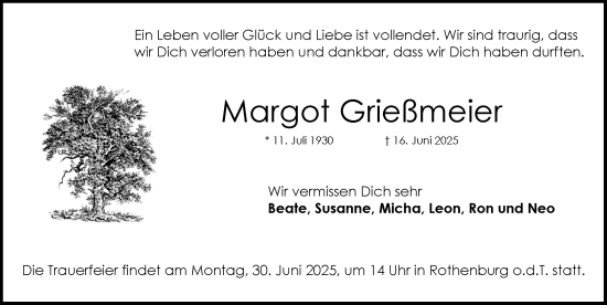 Traueranzeige von Margot Grießmeier von Rothenburg