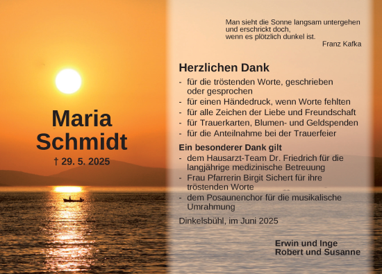 Traueranzeige von Maria Schmidt von Dinkelsbühl/ Feuchtwangen