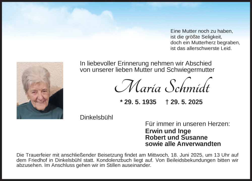  Traueranzeige für Maria Schmidt vom 17.06.2025 aus Dinkelsbühl/ Feuchtwangen