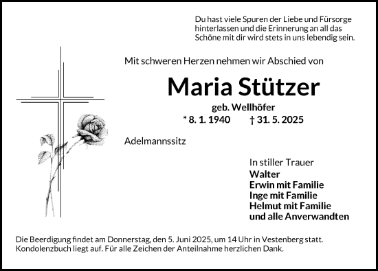 Traueranzeige von Maria Stützer von Ansbach