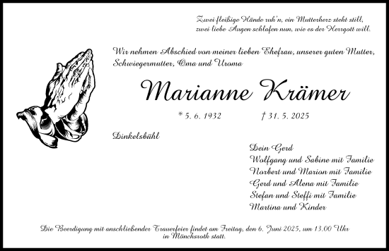 Traueranzeige von Marianne Krämer von Dinkelsbühl/ Feuchtwangen