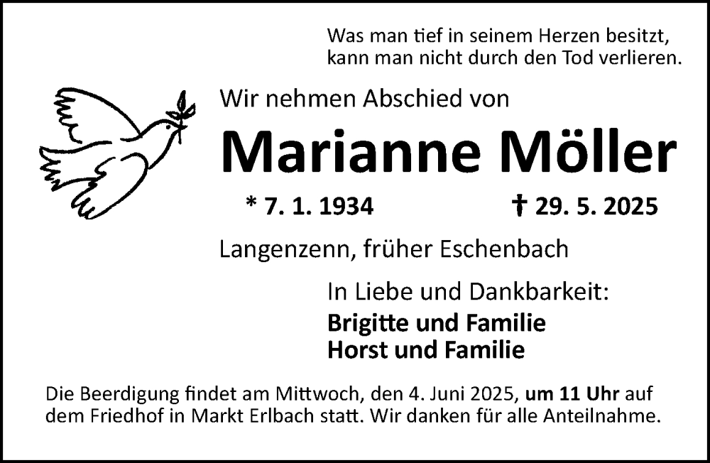 Traueranzeige für Marianne Möller vom 02.06.2025 aus Neustadt/ Scheinfeld/ Uffenheim
