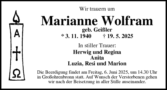 Traueranzeige von Marianne Wolfram von Dinkelsbühl/ Feuchtwangen