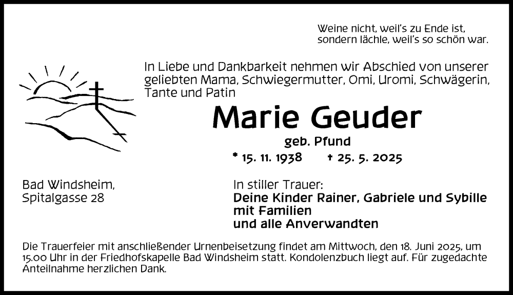  Traueranzeige für Marie Geuder vom 14.06.2025 aus Neustadt/ Scheinfeld/ Uffenheim