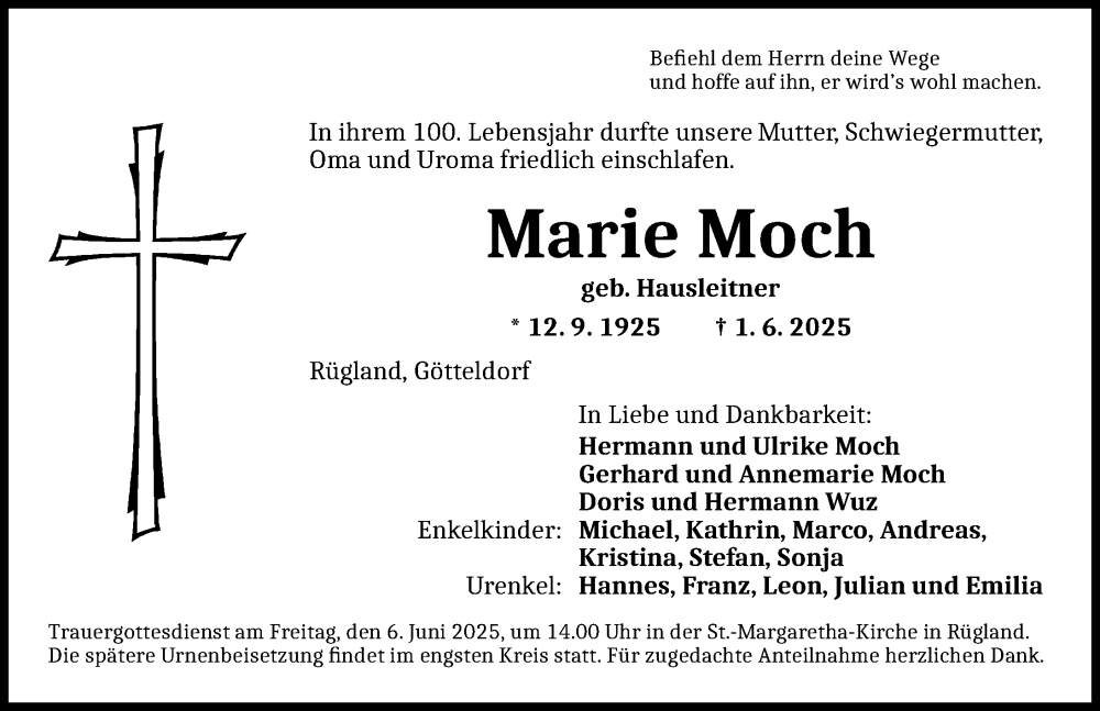  Traueranzeige für Marie Moch vom 04.06.2025 aus Ansbach