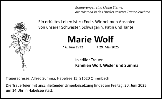Traueranzeige von Marie Wolf von Neustadt/ Scheinfeld/ Uffenheim