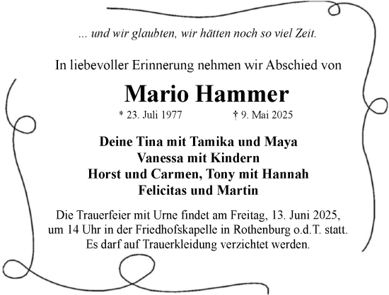 Traueranzeige von Mario Hammer von Ansbach