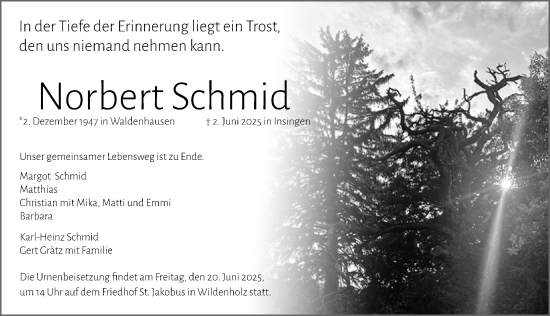 Traueranzeige von Norbert Schmid von Rothenburg