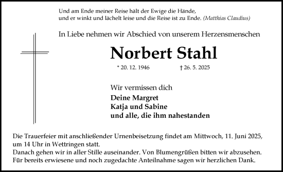 Traueranzeige von Norbert Stahl von Rothenburg