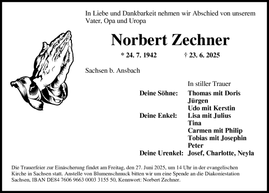 Traueranzeige von Norbert Zechner von Ansbach