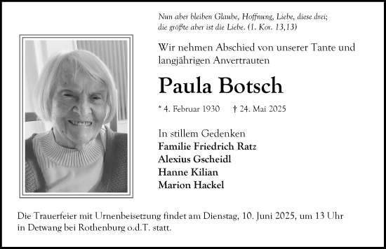 Traueranzeige von Paula Botsch von Rothenburg