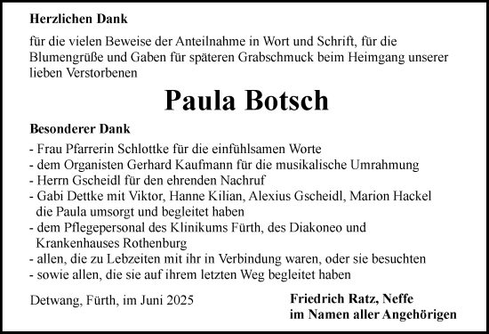 Traueranzeige von Paula Botsch von Rothenburg