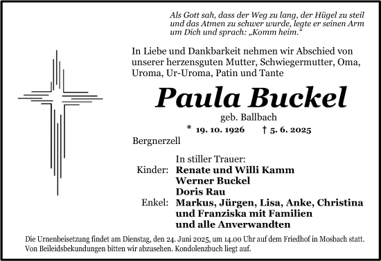 Traueranzeige von Paula Buckel von Dinkelsbühl/ Feuchtwangen