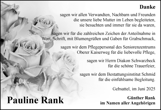 Traueranzeige von Pauline Rank von Rothenburg