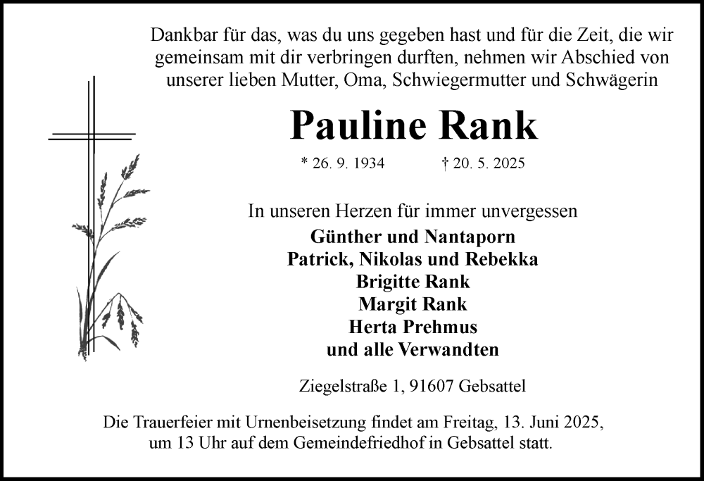  Traueranzeige für Pauline Rank vom 07.06.2025 aus Rothenburg