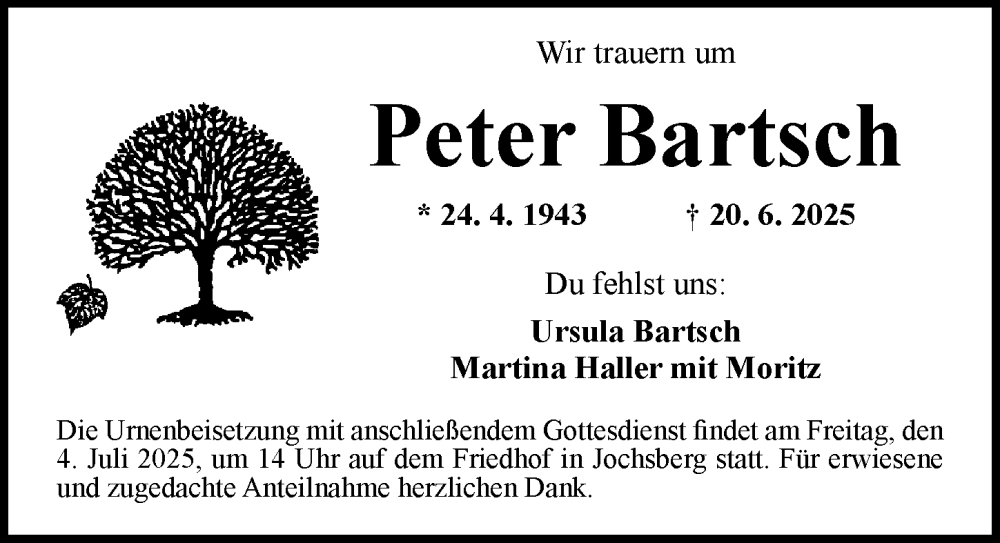  Traueranzeige für Peter Bartsch vom 28.06.2025 aus Ansbach